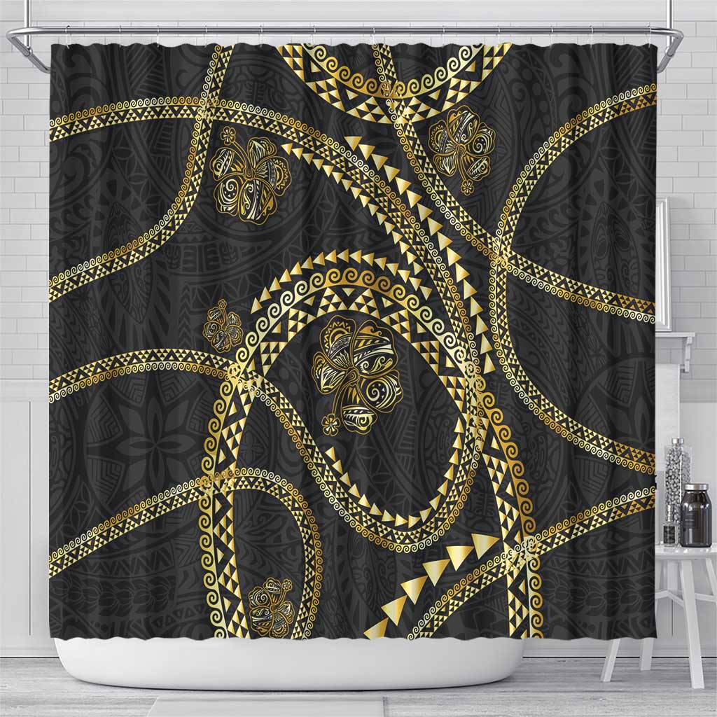 Hawaiian Kakau Art and Hisbiscus Tattoo Shower Curtain Tribal Pattern-Gold Style LT03 - Polynesian Pride