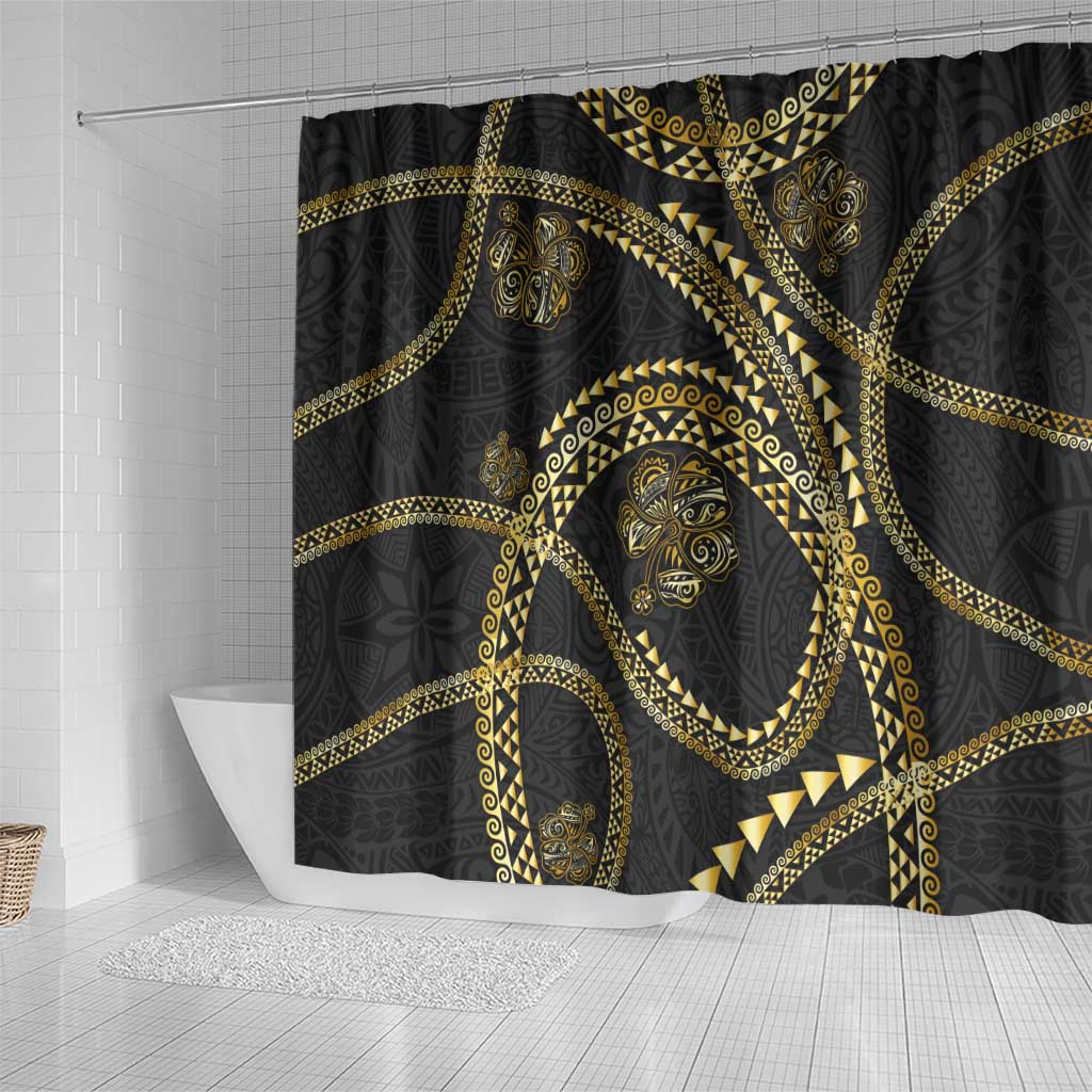 Hawaiian Kakau Art and Hisbiscus Tattoo Shower Curtain Tribal Pattern-Gold Style LT03 - Polynesian Pride