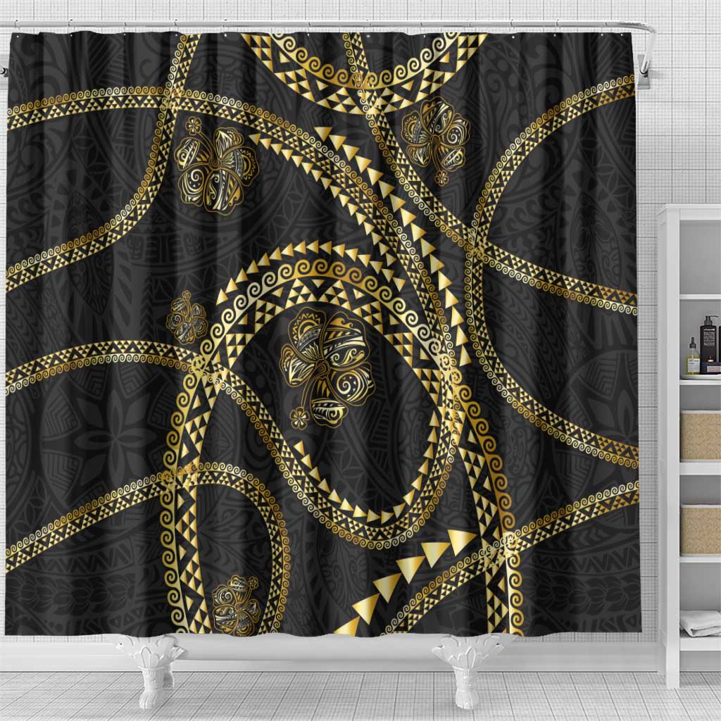 Hawaiian Kakau Art and Hisbiscus Tattoo Shower Curtain Tribal Pattern-Gold Style LT03 - Polynesian Pride