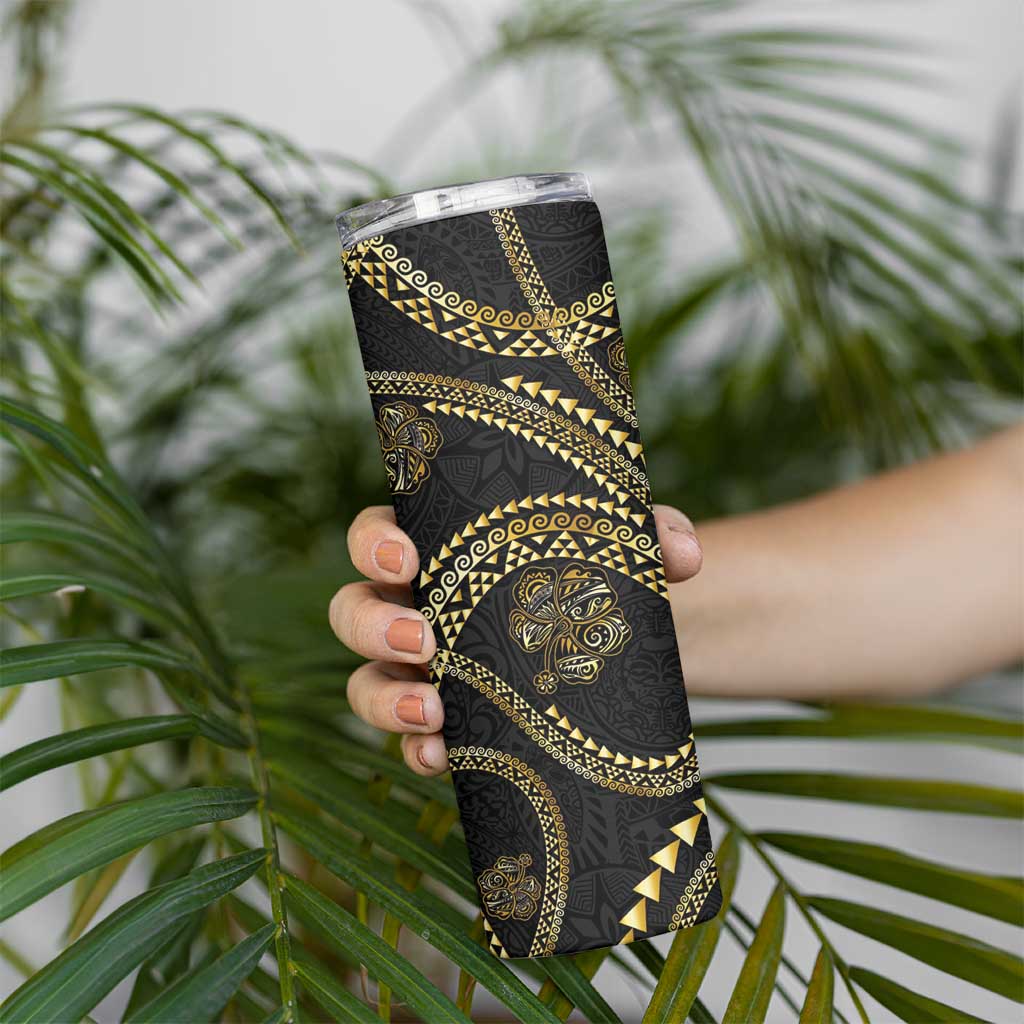 Hawaiian Kakau Art and Hisbiscus Tattoo Skinny Tumbler Tribal Pattern-Gold Style - Polynesian Pride