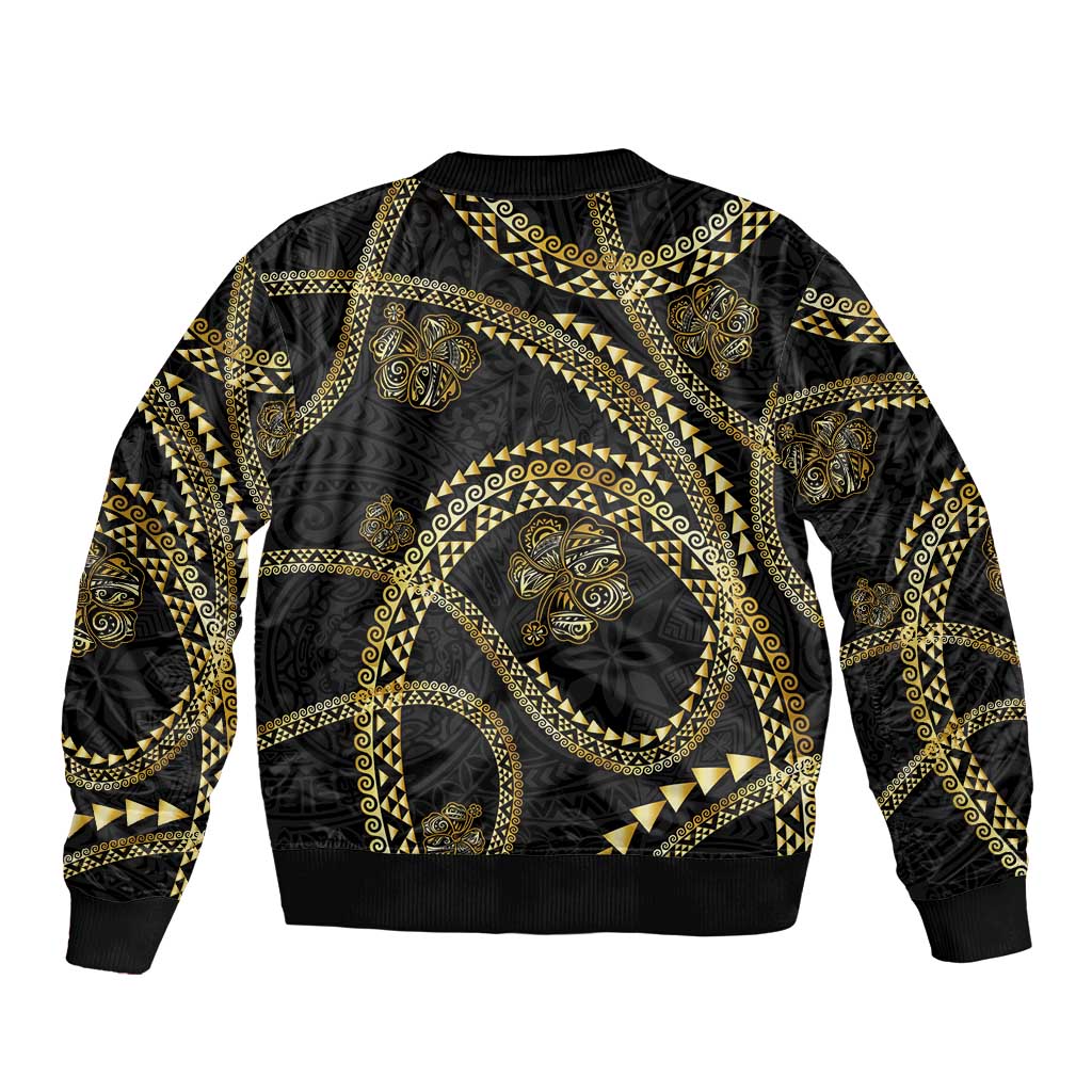 Hawaiian Kakau Art and Hisbiscus Tattoo Sleeve Zip Bomber Jacket Tribal Pattern-Gold Style LT03 - Polynesian Pride