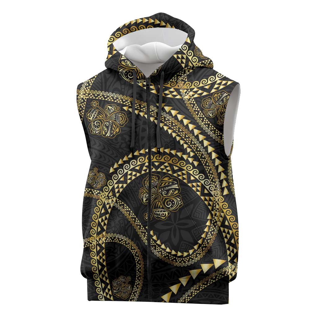 Hawaiian Kakau Art and Hisbiscus Tattoo Sleeveless Zip Hoodie Tribal Pattern-Gold Style - Polynesian Pride