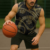 Hawaiian Kakau Art and Hisbiscus Tattoo Sleeveless Zip Hoodie Tribal Pattern-Gold Style - Polynesian Pride