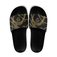 Hawaiian Kakau Art and Hisbiscus Tattoo Slide Sandals Tribal Pattern-Gold Style LT03 Black - Polynesian Pride