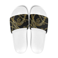 Hawaiian Kakau Art and Hisbiscus Tattoo Slide Sandals Tribal Pattern-Gold Style LT03 Black - Polynesian Pride