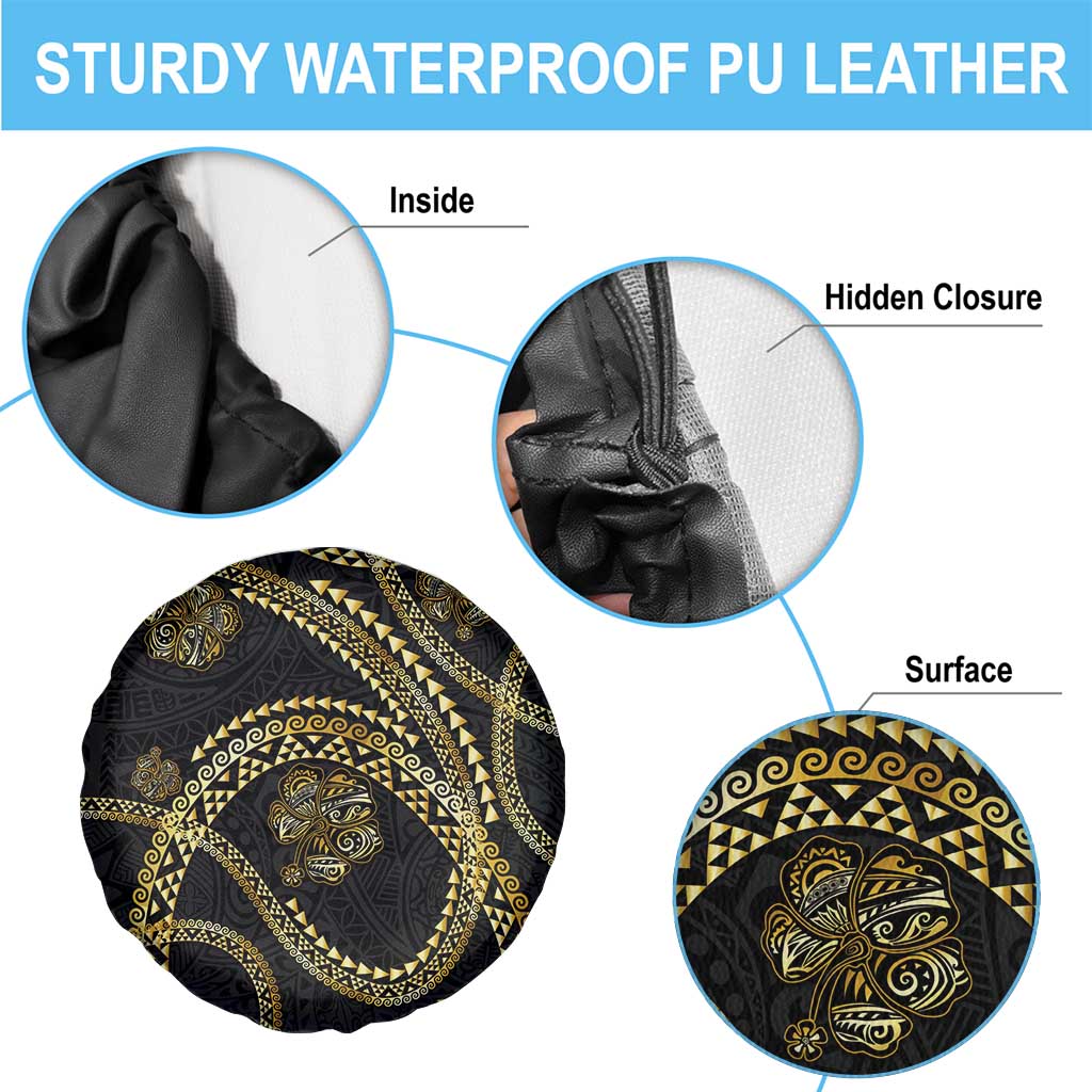 Hawaiian Kakau Art and Hisbiscus Tattoo Spare Tire Cover Tribal Pattern-Gold Style - Polynesian Pride