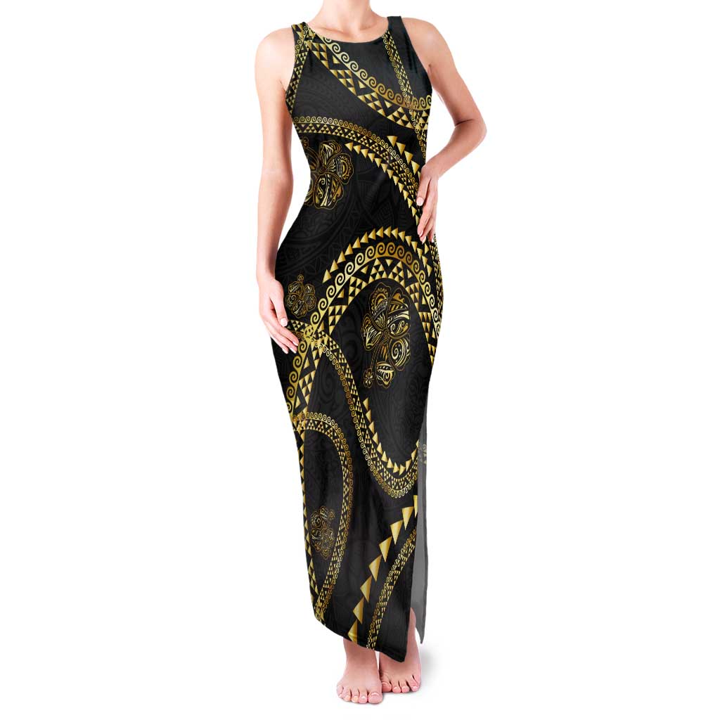 Hawaiian Kakau Art and Hisbiscus Tattoo Tank Maxi Dress Tribal Pattern-Gold Style LT03 Women Black - Polynesian Pride