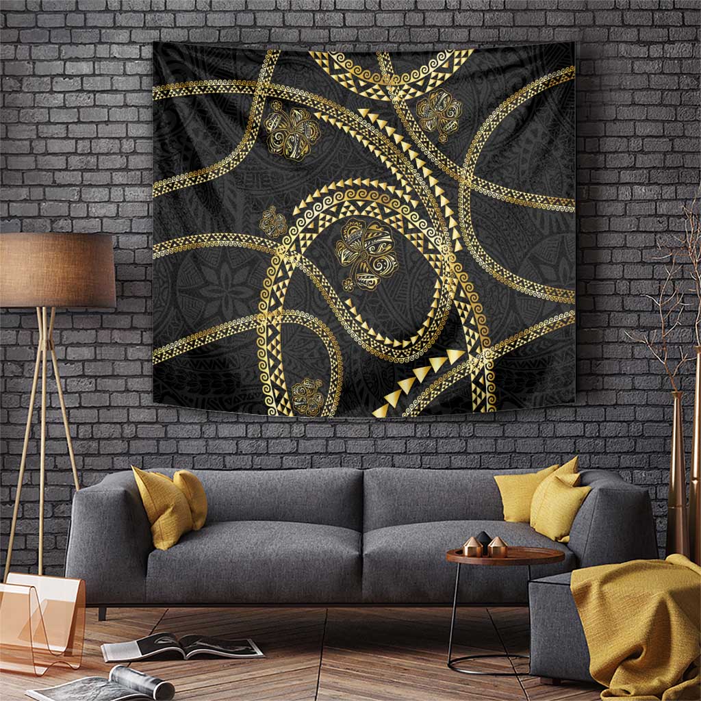 Hawaiian Kakau Art and Hisbiscus Tattoo Tapestry Tribal Pattern-Gold Style LT03 Black - Polynesian Pride