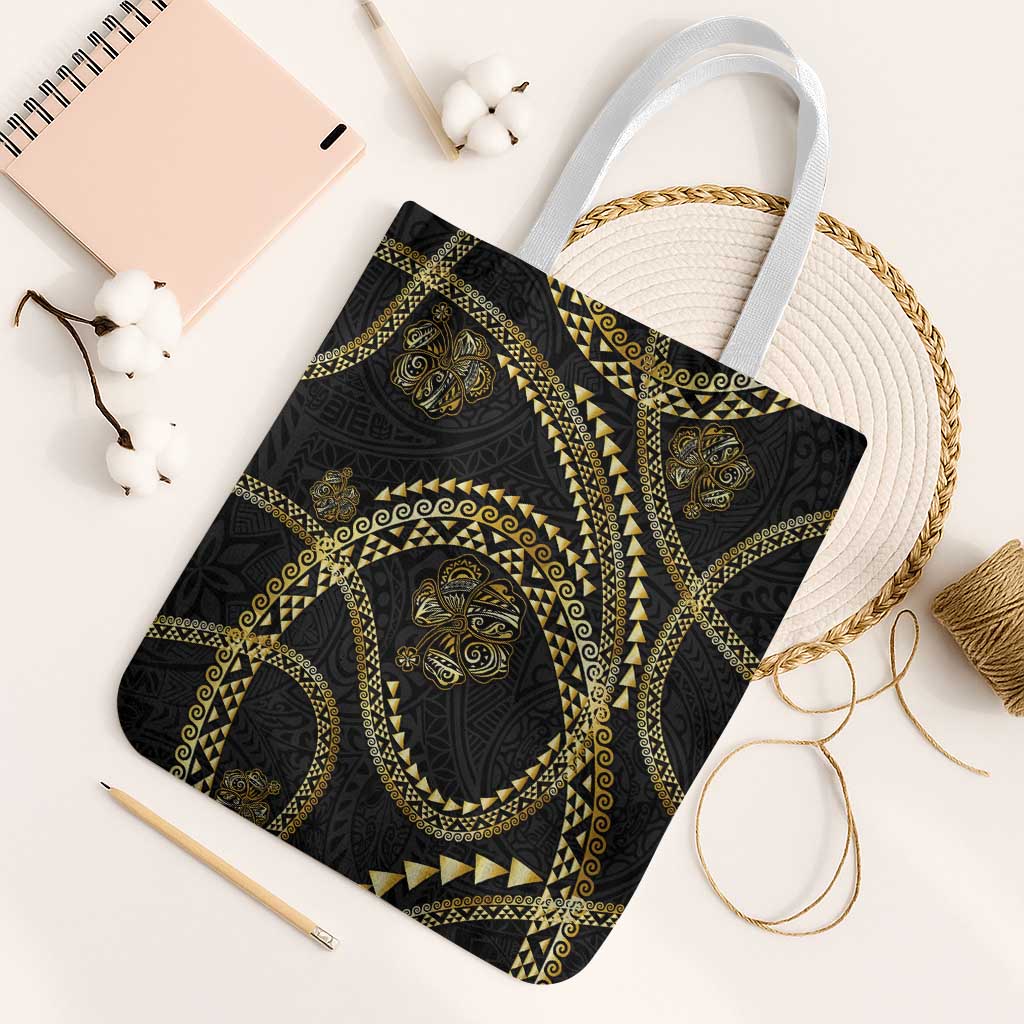 Hawaiian Kakau Art and Hisbiscus Tattoo Tote Bag Tribal Pattern-Gold Style - Polynesian Pride