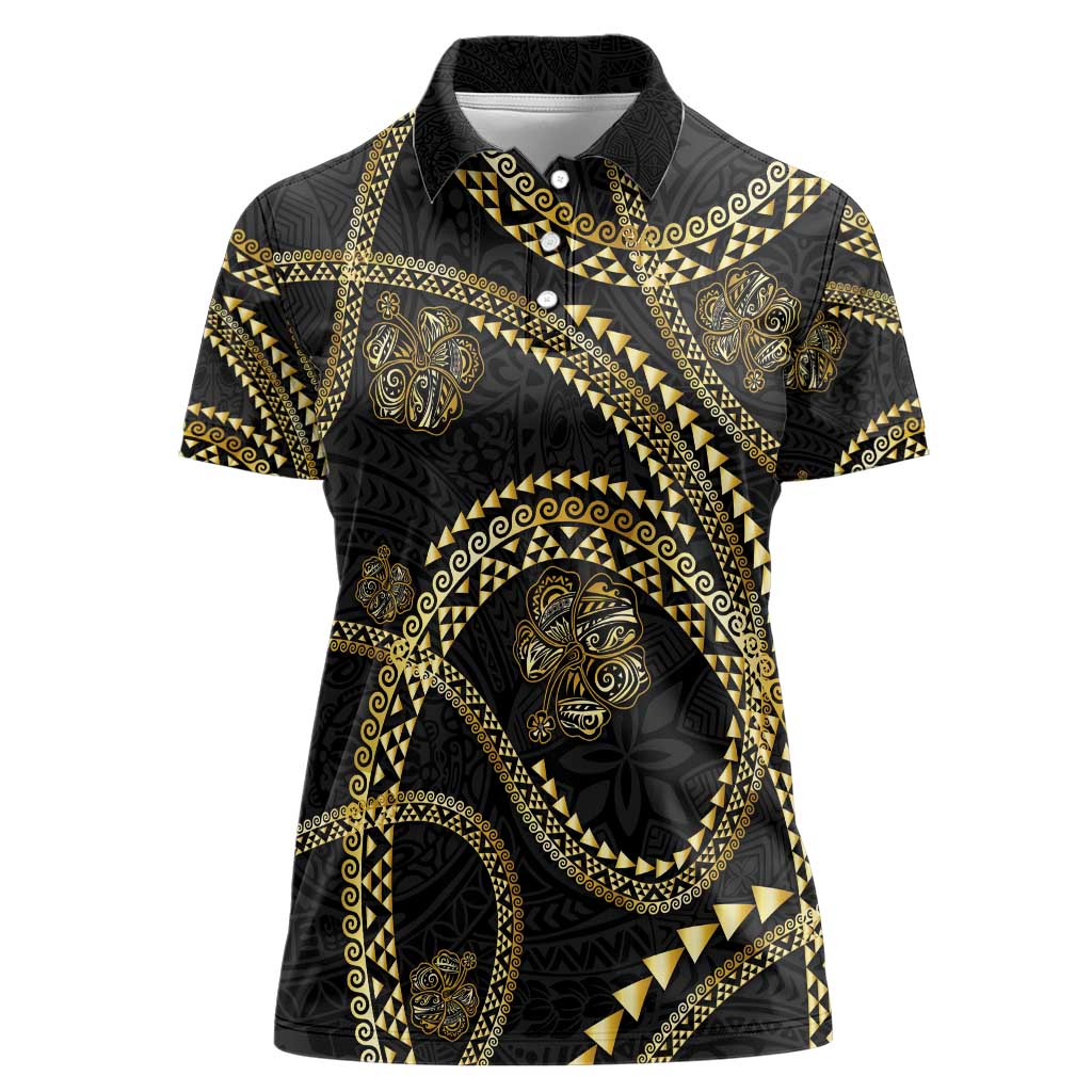 Hawaiian Kakau Art and Hisbiscus Tattoo Women Polo Shirt Tribal Pattern-Gold Style LT03 Female Black - Polynesian Pride