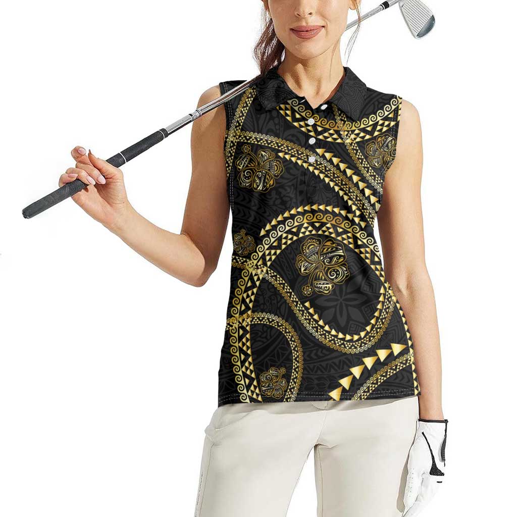 Hawaiian Kakau Art and Hisbiscus Tattoo Women Sleeveless Polo Shirt Tribal Pattern-Gold Style - Polynesian Pride
