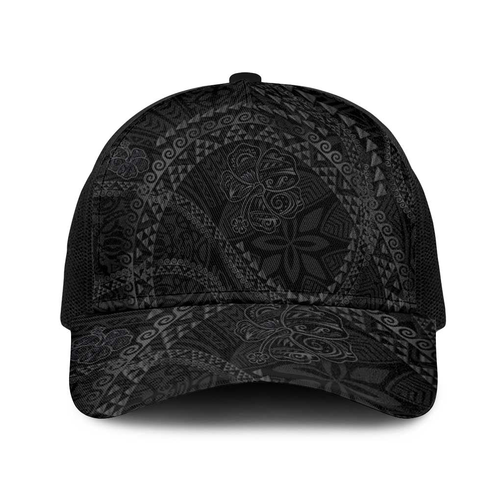 Hawaiian Kakau Art and Hisbiscus Tattoo Baseball Net Cap Tribal Pattern-Black Gradient Style - Polynesian Pride