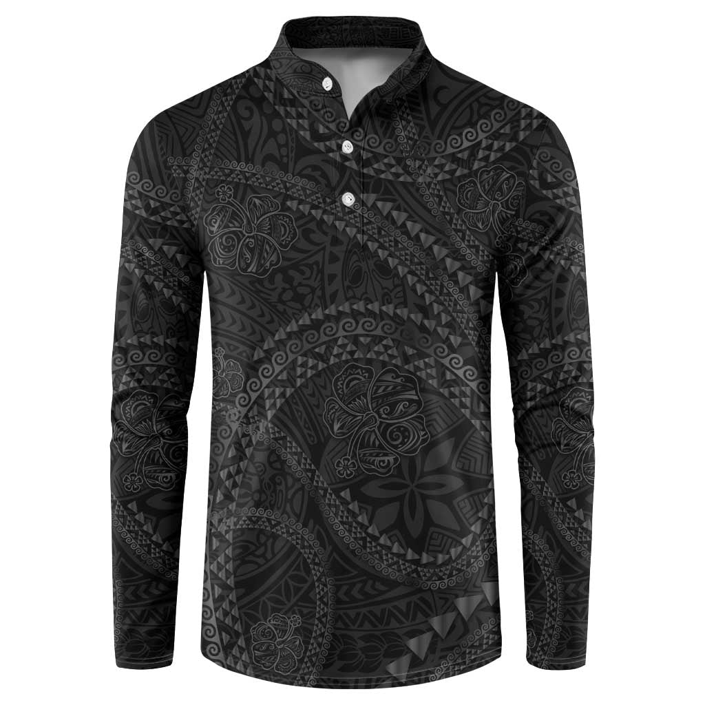 Hawaiian Kakau Art and Hisbiscus Tattoo Button Sweatshirt Tribal Pattern-Black Gradient Style LT03 Black - Polynesian Pride