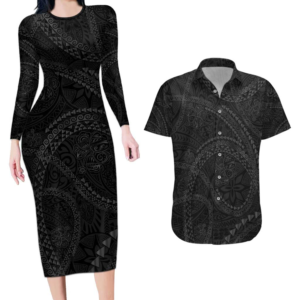 Hawaiian Kakau Art and Hisbiscus Tattoo Couples Matching Long Sleeve Bodycon Dress and Hawaiian Shirt Tribal Pattern-Black Gradient Style - Polynesian Pride