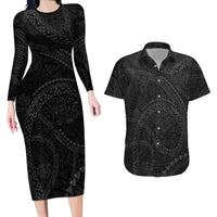 Hawaiian Kakau Art and Hisbiscus Tattoo Couples Matching Long Sleeve Bodycon Dress and Hawaiian Shirt Tribal Pattern-Black Gradient Style - Polynesian Pride