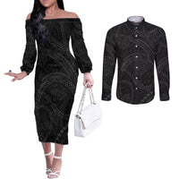 Hawaiian Kakau Art and Hisbiscus Tattoo Couples Matching Off The Shoulder Long Sleeve Dress and Long Sleeve Button Shirt Tribal Pattern-Black Gradient Style - Polynesian Pride