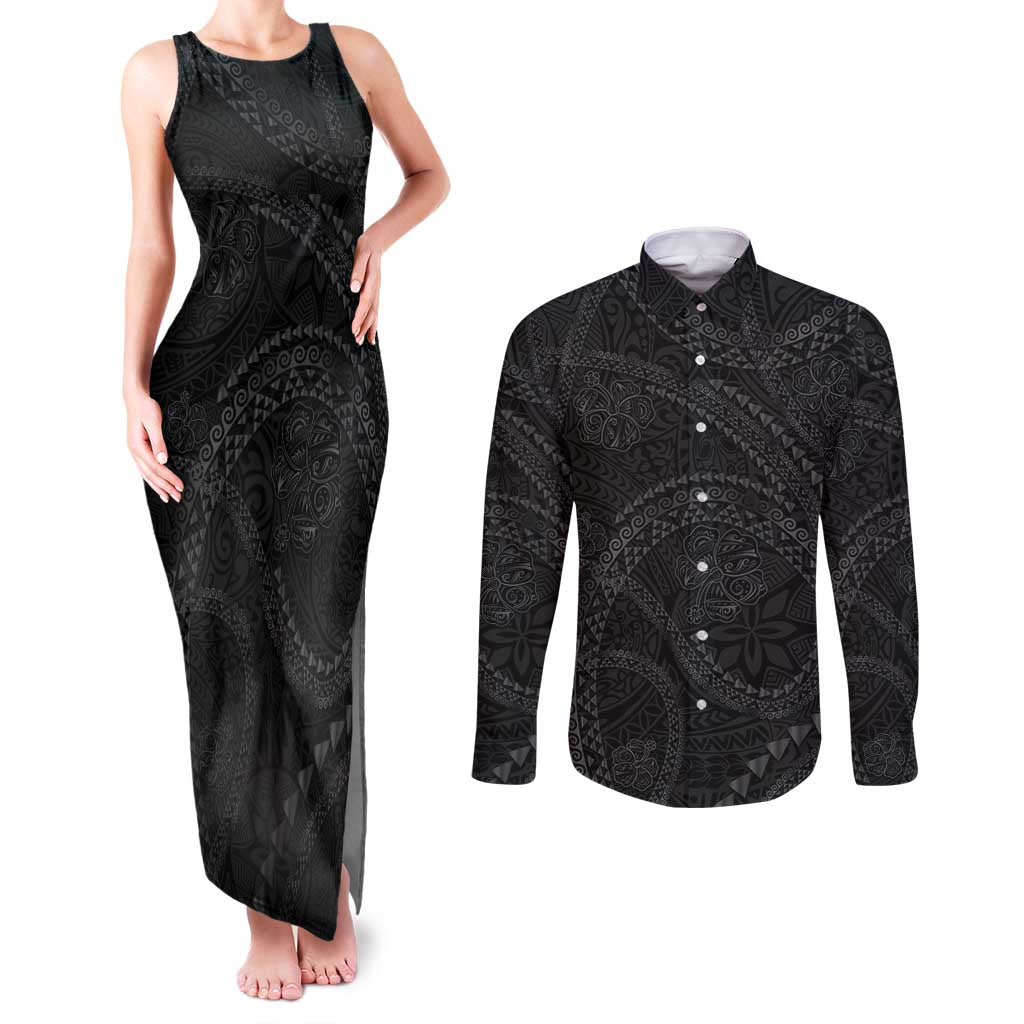 Hawaiian Kakau Art and Hisbiscus Tattoo Couples Matching Tank Maxi Dress and Long Sleeve Button Shirt Tribal Pattern-Black Gradient Style - Polynesian Pride