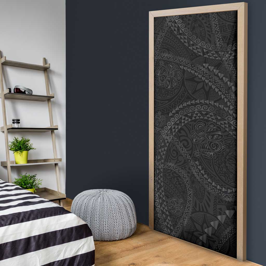 Hawaiian Kakau Art and Hisbiscus Tattoo Door Cover Tribal Pattern-Black Gradient Style - Polynesian Pride