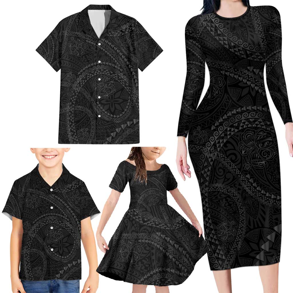 Hawaiian Kakau Art and Hisbiscus Tattoo Family Matching Long Sleeve Bodycon Dress and Hawaiian Shirt Tribal Pattern-Black Gradient Style - Polynesian Pride