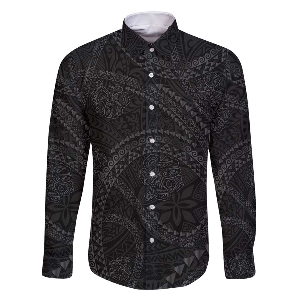 Hawaiian Kakau Art and Hisbiscus Tattoo Family Matching Long Sleeve Bodycon Dress and Hawaiian Shirt Tribal Pattern-Black Gradient Style LT03 Dad's Shirt - Long Sleeve Black - Polynesian Pride