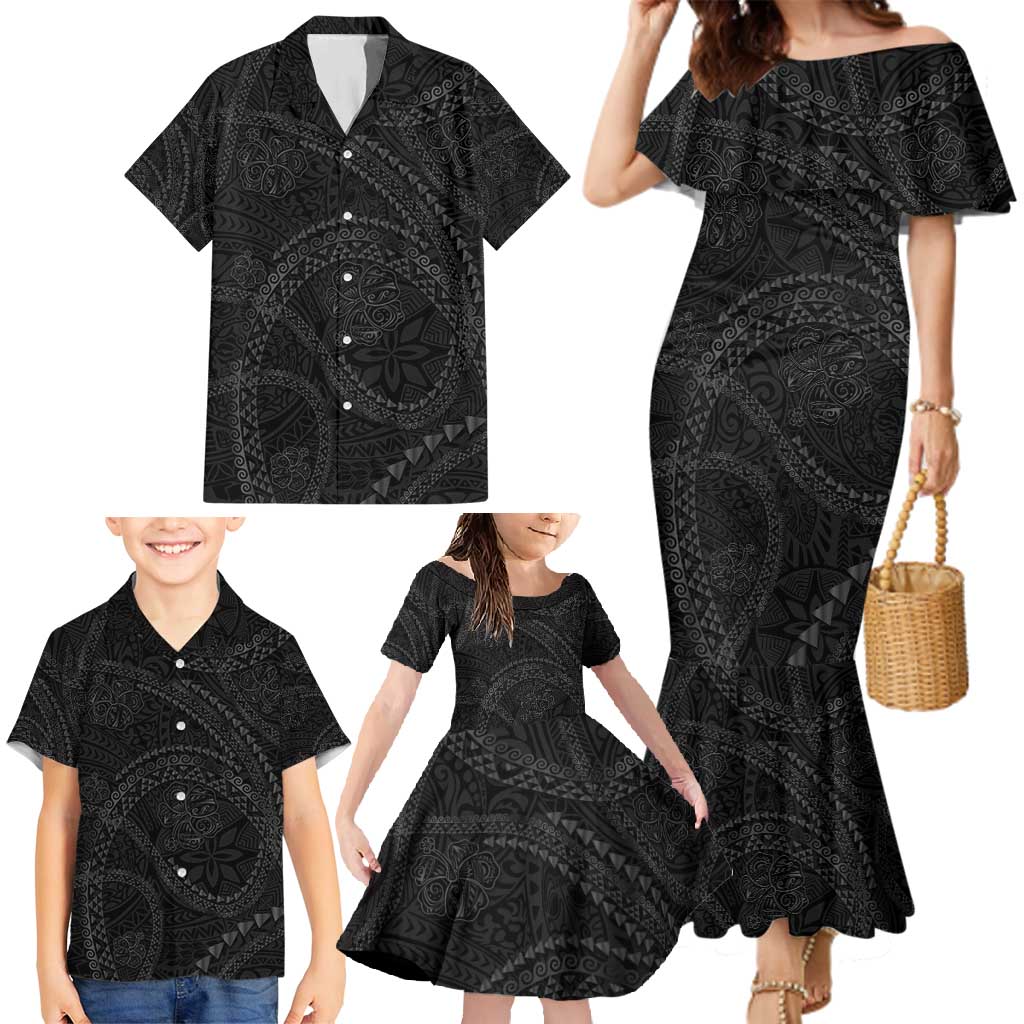 Hawaiian Kakau Art and Hisbiscus Tattoo Family Matching Mermaid Dress and Hawaiian Shirt Tribal Pattern-Black Gradient Style LT03 - Polynesian Pride