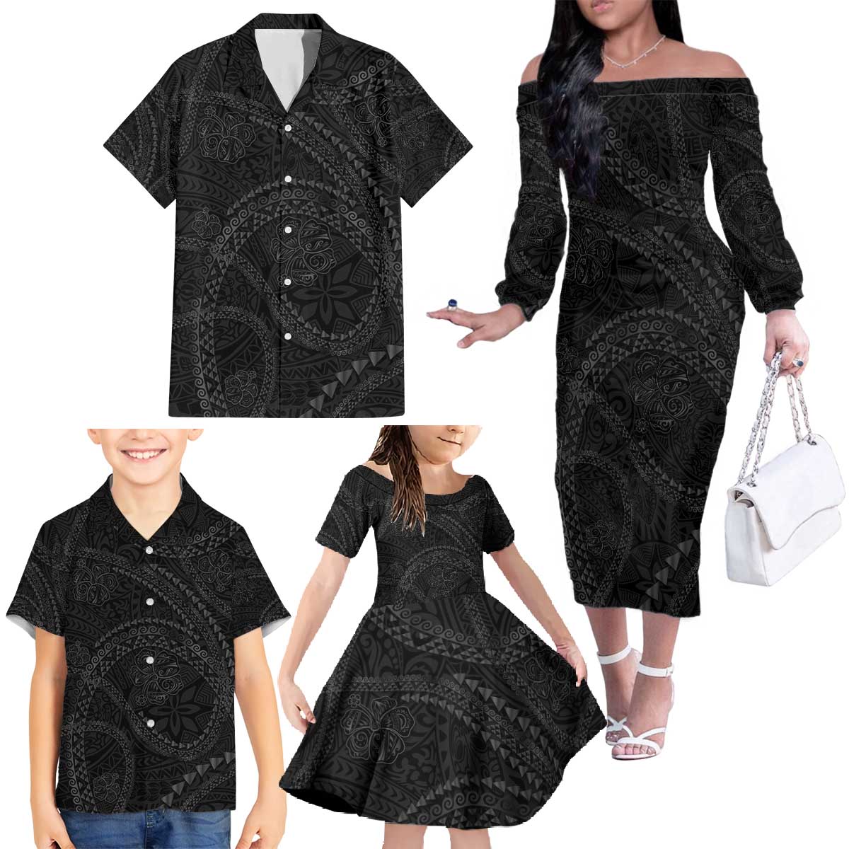 Hawaiian Kakau Art and Hisbiscus Tattoo Family Matching Off The Shoulder Long Sleeve Dress and Hawaiian Shirt Tribal Pattern-Black Gradient Style LT03 - Polynesian Pride