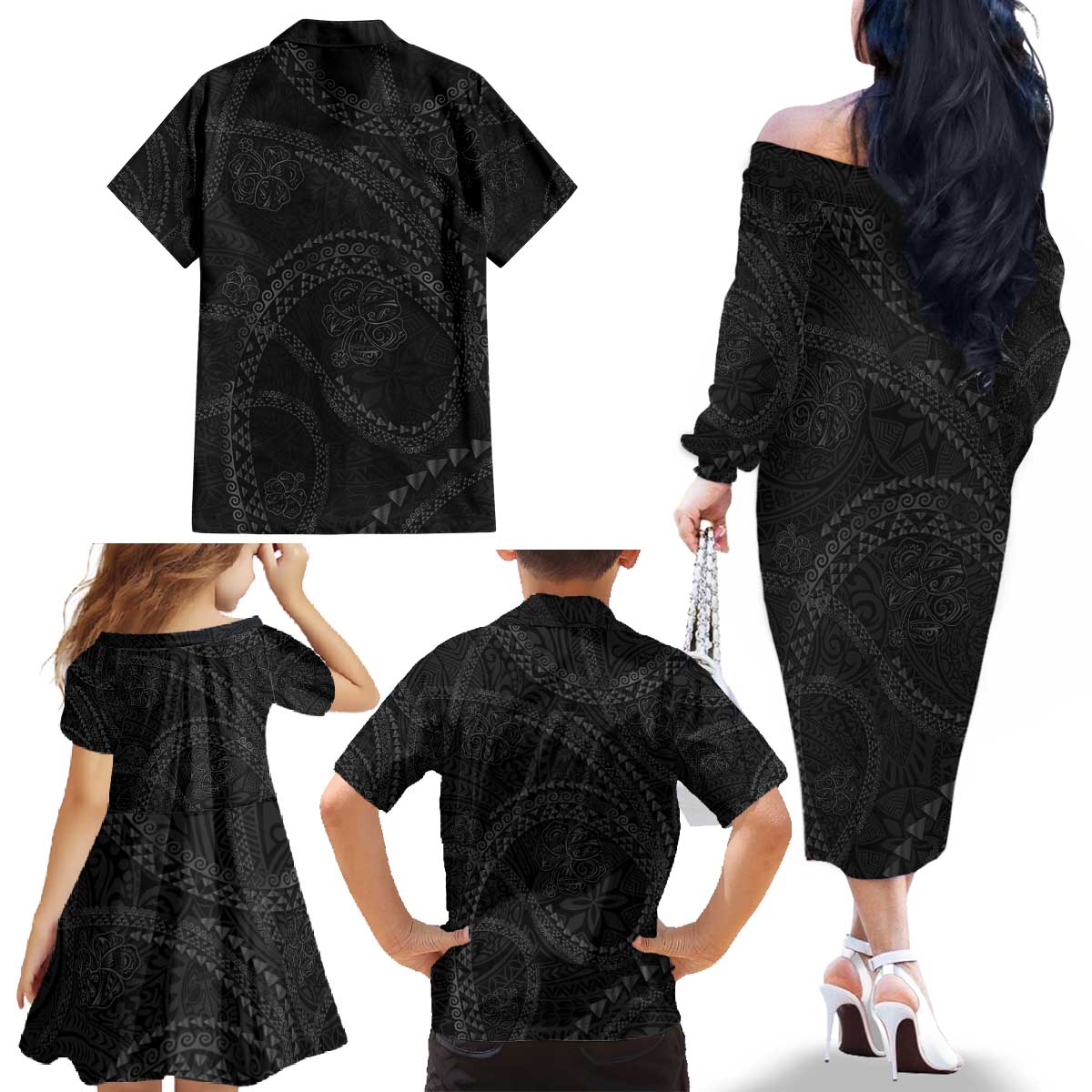 Hawaiian Kakau Art and Hisbiscus Tattoo Family Matching Off The Shoulder Long Sleeve Dress and Hawaiian Shirt Tribal Pattern-Black Gradient Style LT03 - Polynesian Pride