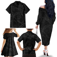 Hawaiian Kakau Art and Hisbiscus Tattoo Family Matching Off The Shoulder Long Sleeve Dress and Hawaiian Shirt Tribal Pattern-Black Gradient Style LT03 - Polynesian Pride