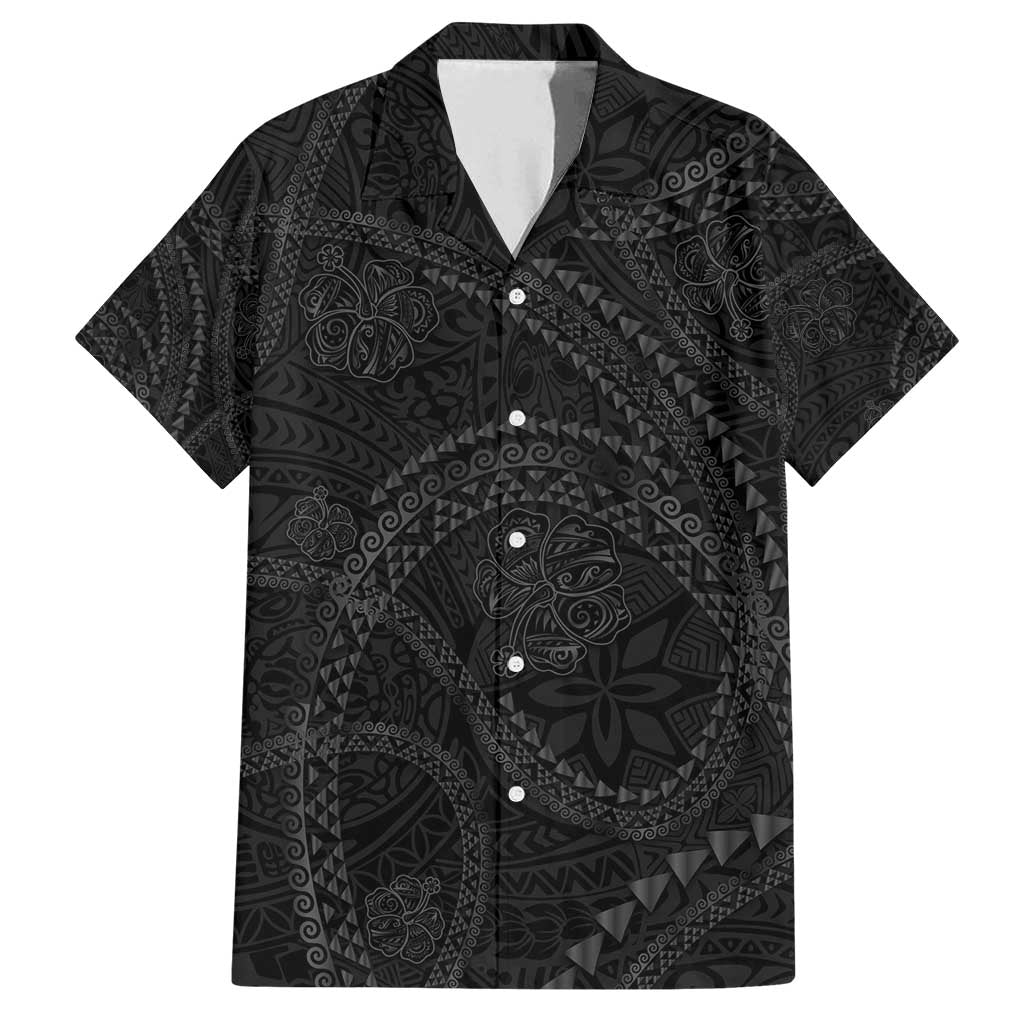 Hawaiian Kakau Art and Hisbiscus Tattoo Family Matching Off Shoulder Maxi Dress and Hawaiian Shirt Tribal Pattern-Black Gradient Style LT03 Dad's Shirt - Short Sleeve Black - Polynesian Pride