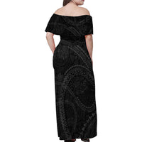 Hawaiian Kakau Art and Hisbiscus Tattoo Family Matching Off Shoulder Maxi Dress and Hawaiian Shirt Tribal Pattern-Black Gradient Style LT03 - Polynesian Pride