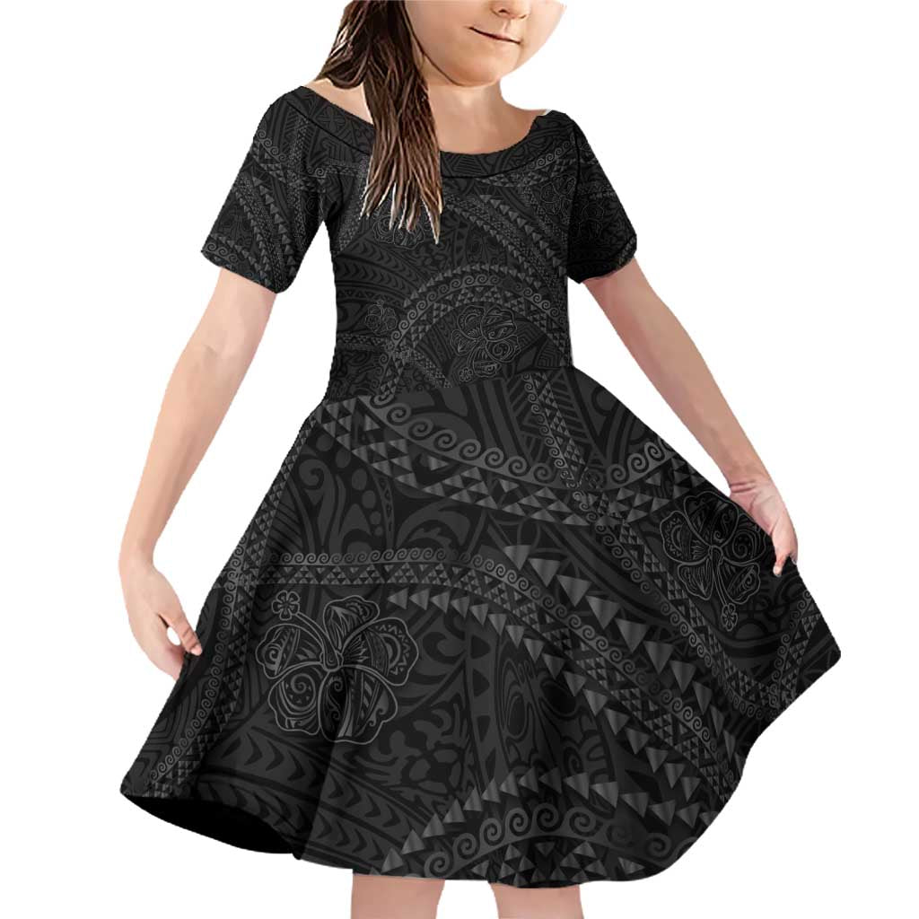 Hawaiian Kakau Art and Hisbiscus Tattoo Family Matching Off Shoulder Short Dress and Hawaiian Shirt Tribal Pattern-Black Gradient Style LT03 Daughter's Dress Black - Polynesian Pride