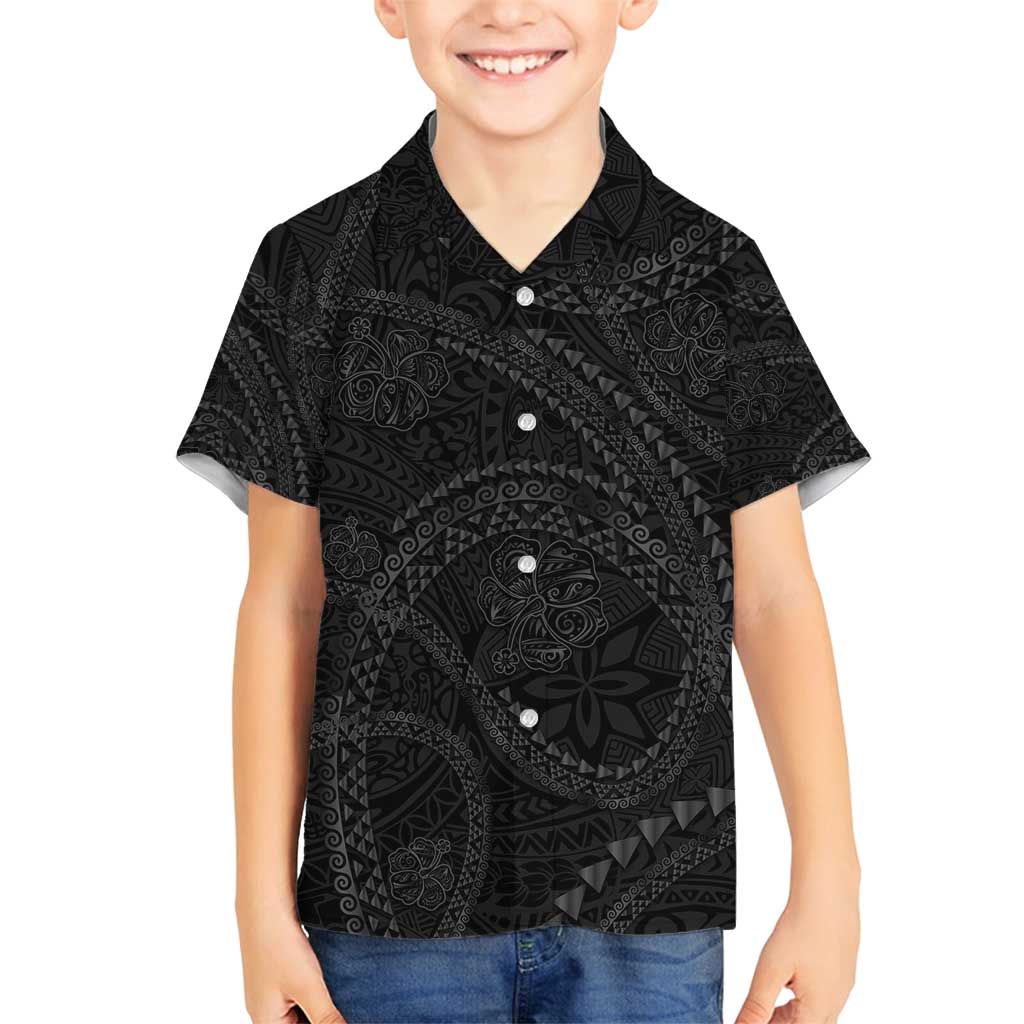 Hawaiian Kakau Art and Hisbiscus Tattoo Family Matching Off Shoulder Short Dress and Hawaiian Shirt Tribal Pattern-Black Gradient Style LT03 Son's Shirt Black - Polynesian Pride