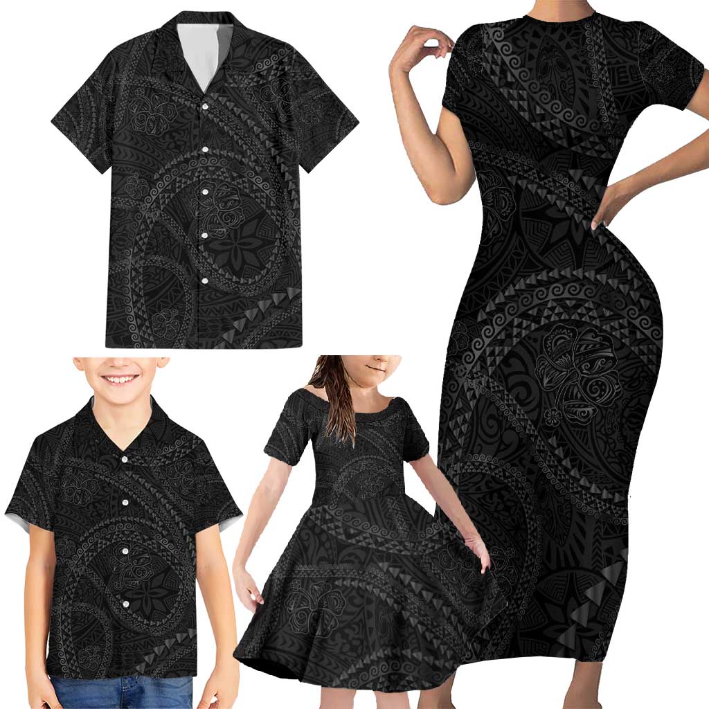 Hawaiian Kakau Art and Hisbiscus Tattoo Family Matching Short Sleeve Bodycon Dress and Hawaiian Shirt Tribal Pattern-Black Gradient Style LT03 - Polynesian Pride