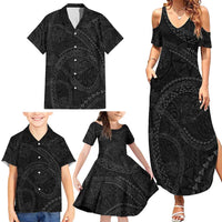 Hawaiian Kakau Art and Hisbiscus Tattoo Family Matching Summer Maxi Dress and Hawaiian Shirt Tribal Pattern-Black Gradient Style LT03 - Polynesian Pride