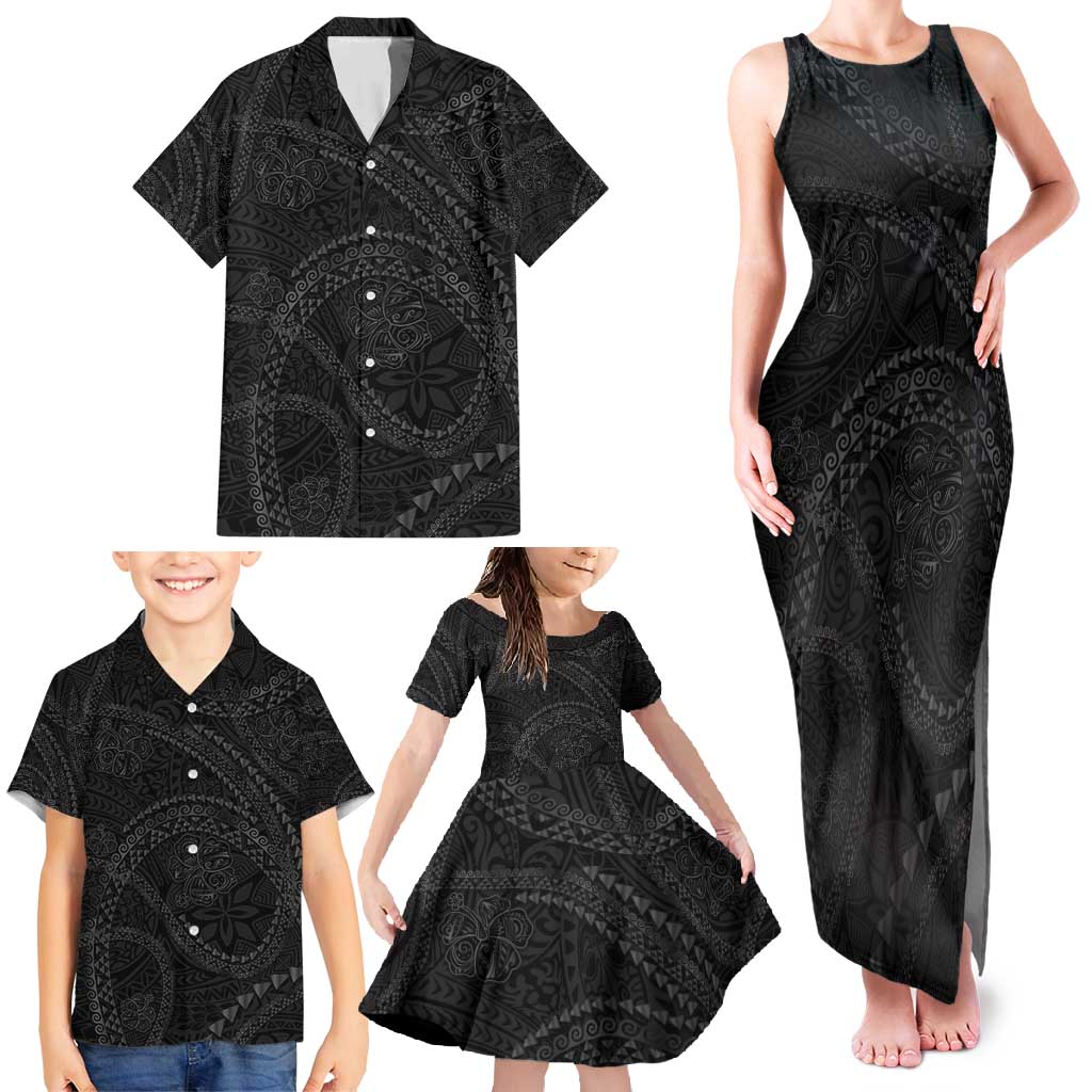 Hawaiian Kakau Art and Hisbiscus Tattoo Family Matching Tank Maxi Dress and Hawaiian Shirt Tribal Pattern-Black Gradient Style LT03 - Polynesian Pride