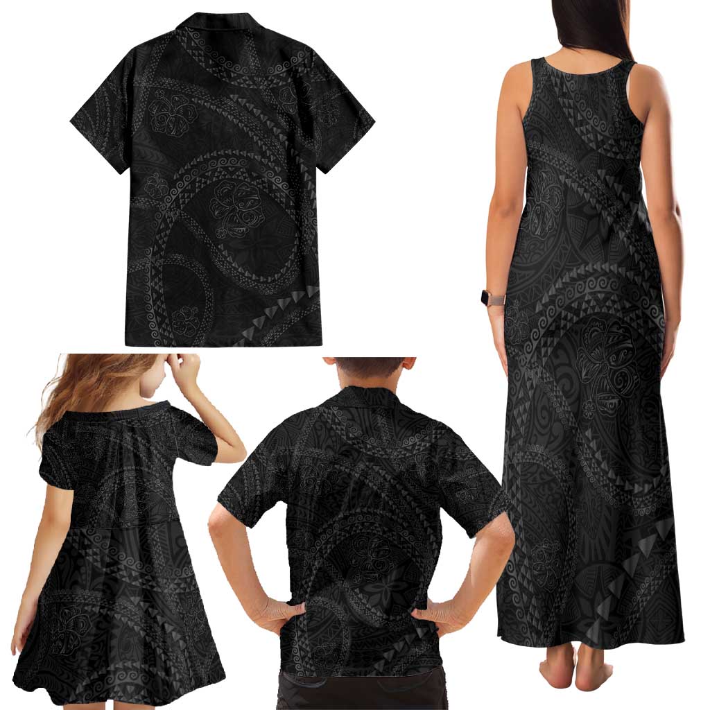 Hawaiian Kakau Art and Hisbiscus Tattoo Family Matching Tank Maxi Dress and Hawaiian Shirt Tribal Pattern-Black Gradient Style LT03 - Polynesian Pride
