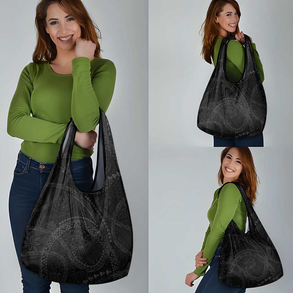 Hawaiian Kakau Art and Hisbiscus Tattoo Grocery Bag Tribal Pattern-Black Gradient Style - Polynesian Pride