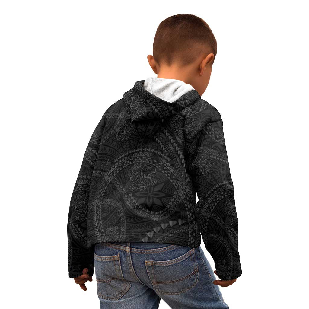 Hawaiian Kakau Art and Hisbiscus Tattoo Kid Hoodie Tribal Pattern-Black Gradient Style - Polynesian Pride