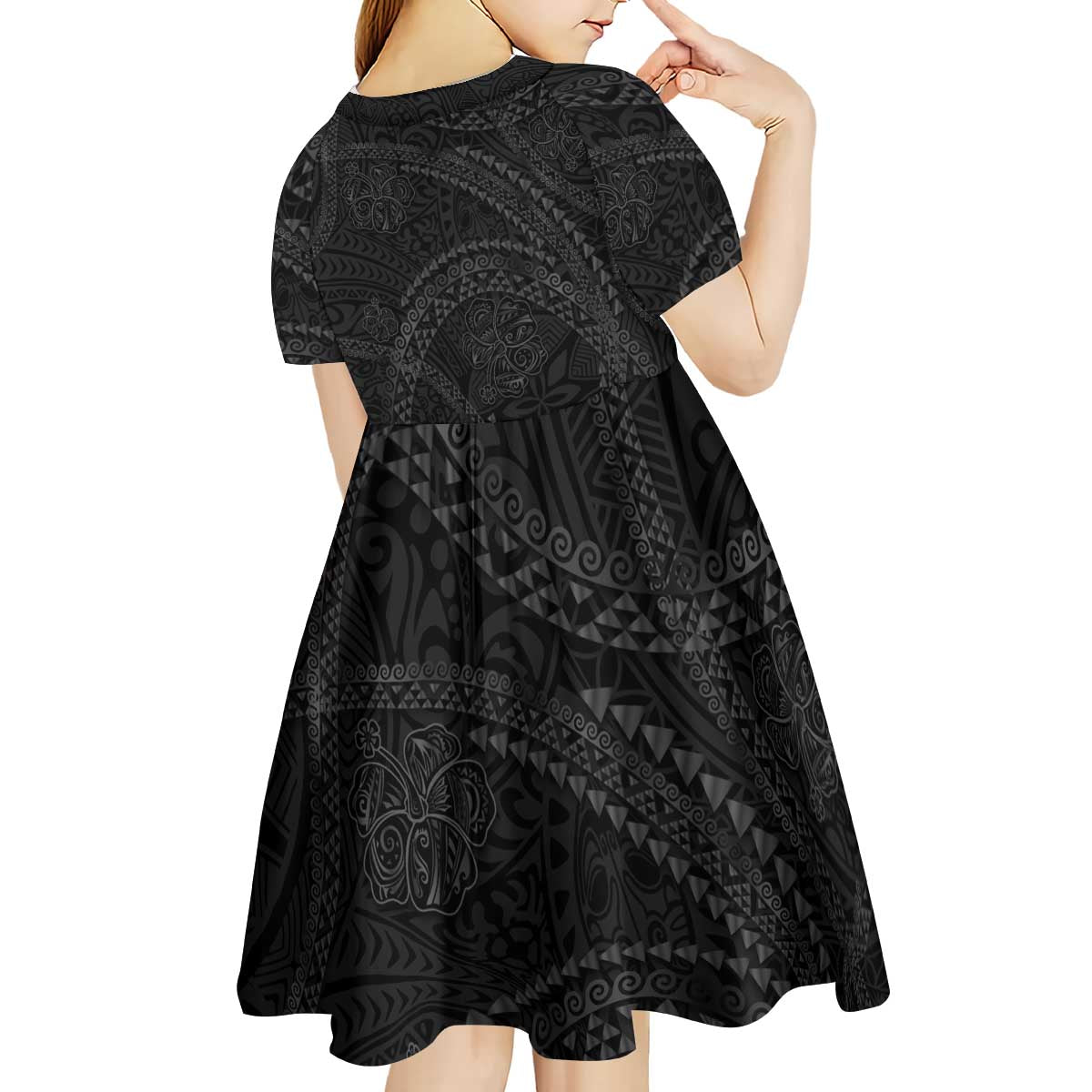 Hawaiian Kakau Art and Hisbiscus Tattoo Kid Short Sleeve Dress Tribal Pattern-Black Gradient Style - Polynesian Pride