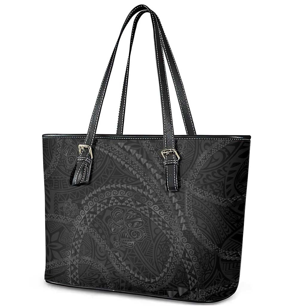 Hawaiian Kakau Art and Hisbiscus Tattoo Leather Tote Bag Tribal Pattern-Black Gradient Style LT03 - Polynesian Pride