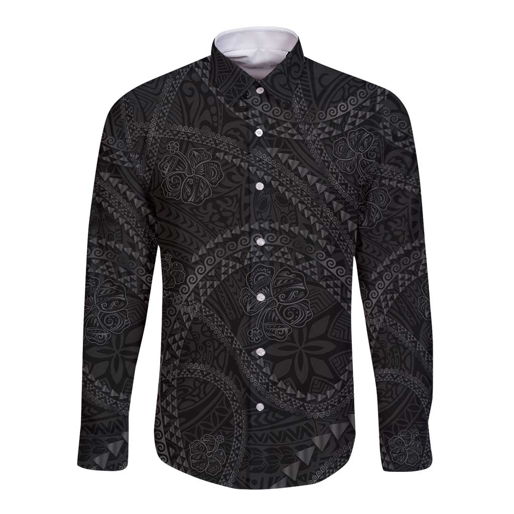 Hawaiian Kakau Art and Hisbiscus Tattoo Long Sleeve Button Shirt Tribal Pattern-Black Gradient Style LT03 Unisex Black - Polynesian Pride