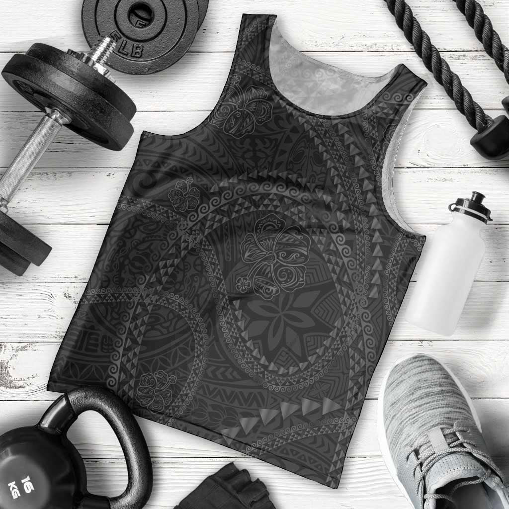 Hawaiian Kakau Art and Hisbiscus Tattoo Men Tank Top Tribal Pattern-Black Gradient Style - Polynesian Pride