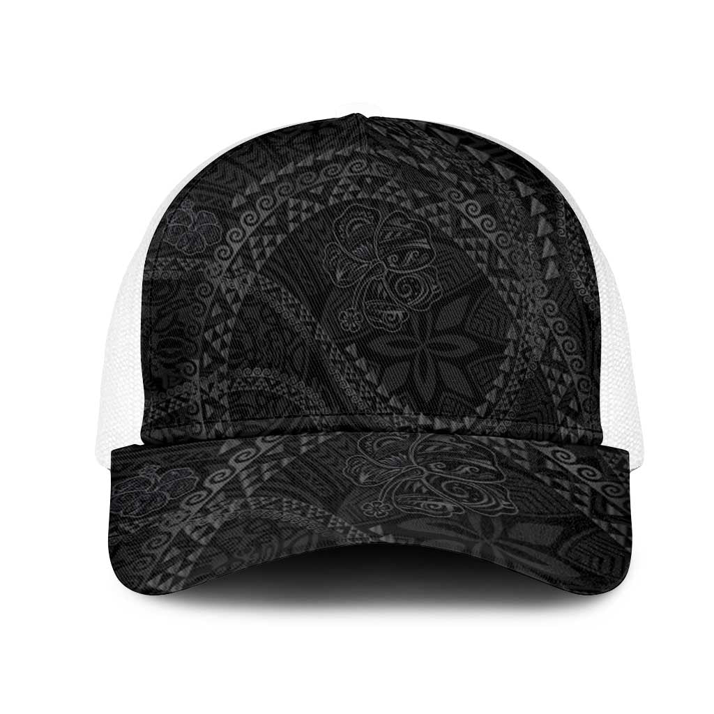 Hawaiian Kakau Art and Hisbiscus Tattoo Mesh Trucker Cap Tribal Pattern-Black Gradient Style - Polynesian Pride