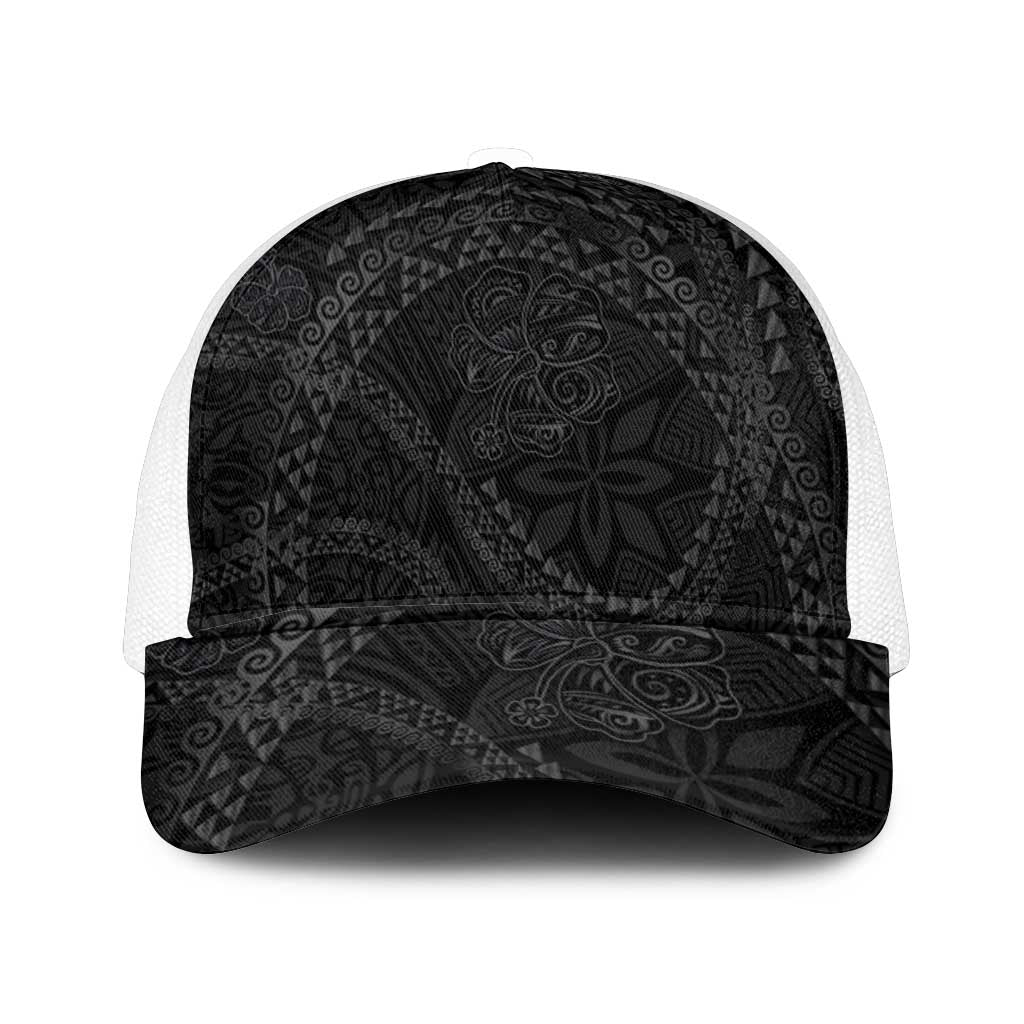 Hawaiian Kakau Art and Hisbiscus Tattoo Mesh Trucker Cap Tribal Pattern-Black Gradient Style - Polynesian Pride