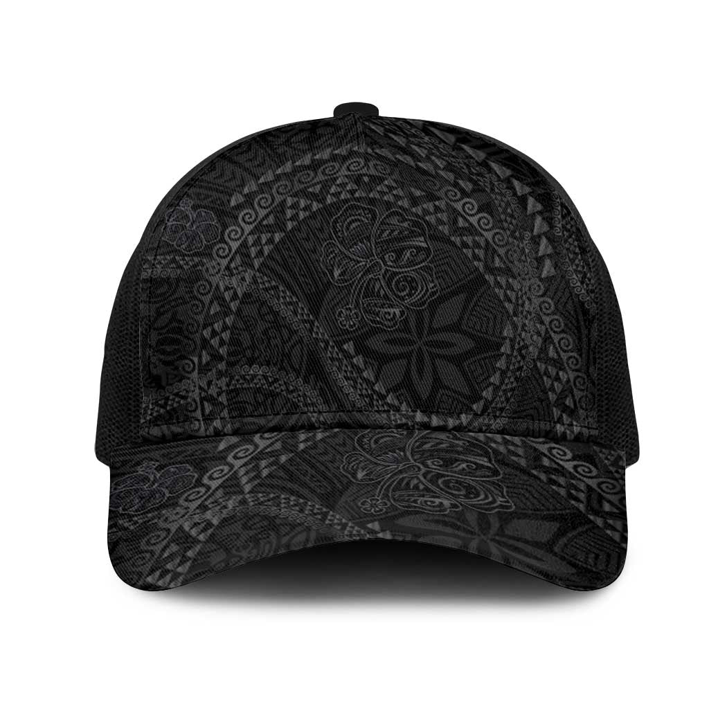 Hawaiian Kakau Art and Hisbiscus Tattoo Mesh Trucker Cap Tribal Pattern-Black Gradient Style - Polynesian Pride