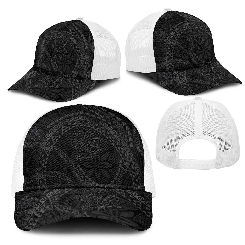 Hawaiian Kakau Art and Hisbiscus Tattoo Mesh Trucker Cap Tribal Pattern-Black Gradient Style - Polynesian Pride