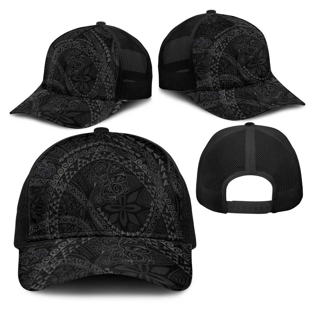Hawaiian Kakau Art and Hisbiscus Tattoo Mesh Trucker Cap Tribal Pattern-Black Gradient Style - Polynesian Pride