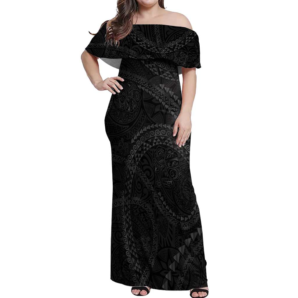 Hawaiian Kakau Art and Hisbiscus Tattoo Off Shoulder Maxi Dress Tribal Pattern-Black Gradient Style LT03 Women Black - Polynesian Pride