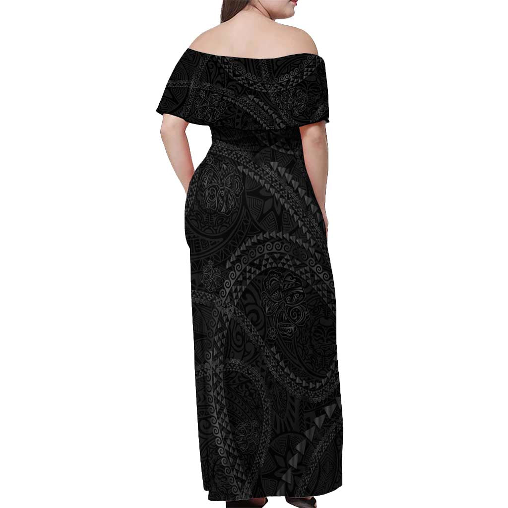 Hawaiian Kakau Art and Hisbiscus Tattoo Off Shoulder Maxi Dress Tribal Pattern-Black Gradient Style LT03 - Polynesian Pride