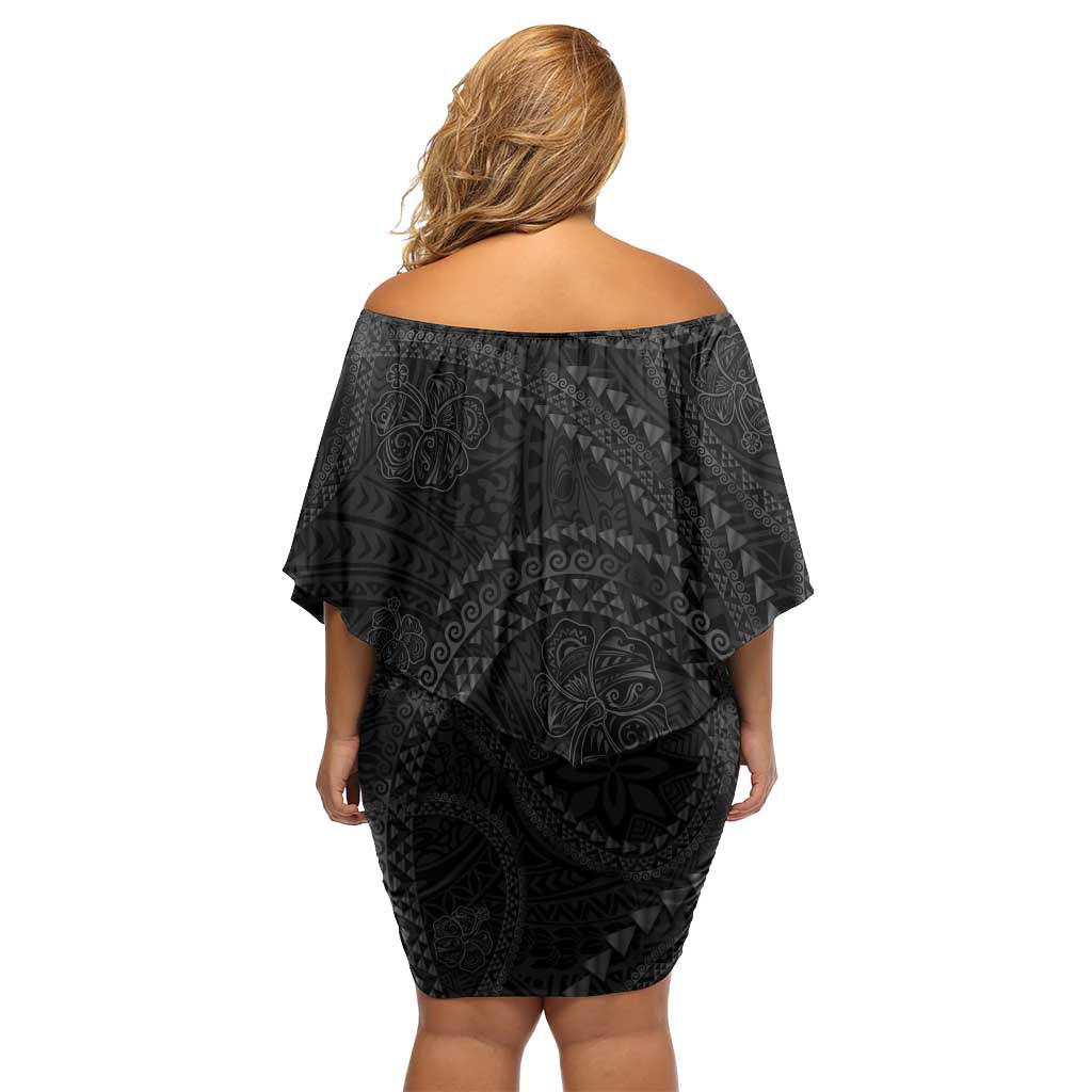 Hawaiian Kakau Art and Hisbiscus Tattoo Off Shoulder Short Dress Tribal Pattern-Black Gradient Style - Polynesian Pride